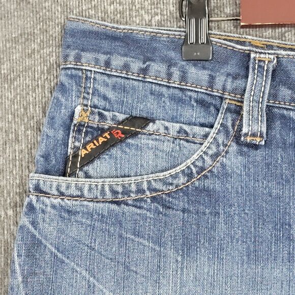 Ariat Jean Shorts Mens 38 Blue Low Rise M4 Boot FR Cut Offs Distressed Denim - Picture 2 of 10